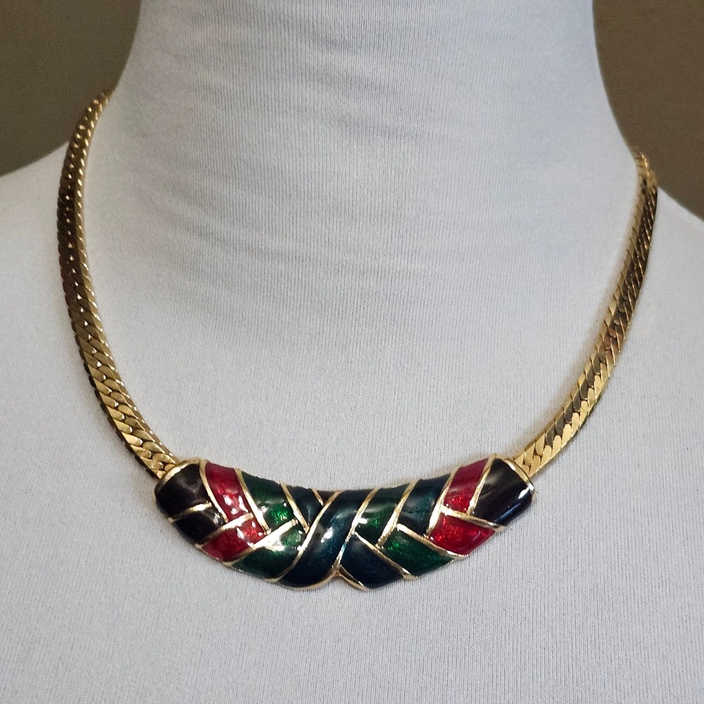 Vintage Gold‎ Tone Herringbone Chain Necklace Colorful Enamel Bib Statement